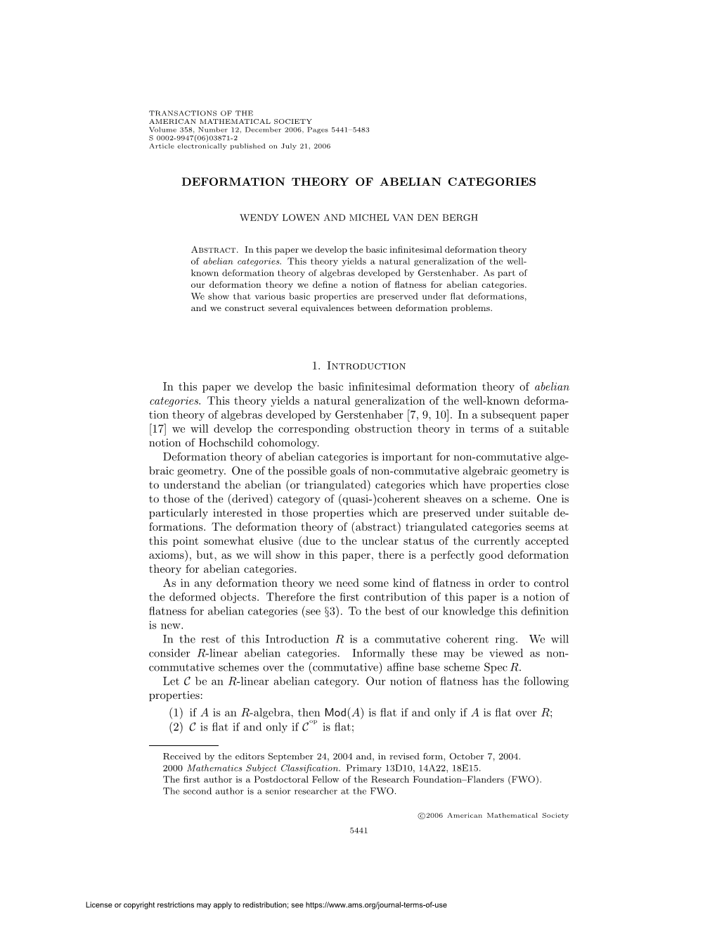 DEFORMATION THEORY of ABELIAN CATEGORIES 1. Introduction in This Paper We Develop the Basic Infinitesimal Deformation Theory Of