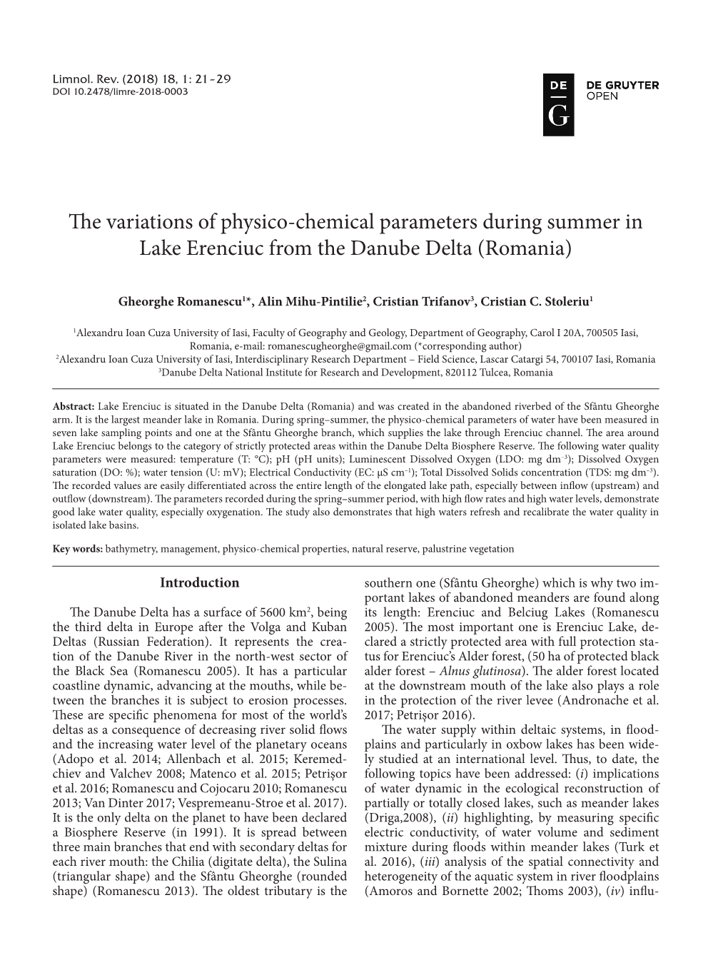 The Variations of Physico-Chemical Parameters During Summer in Lake Erenciuc from the Danube Delta (Romania)