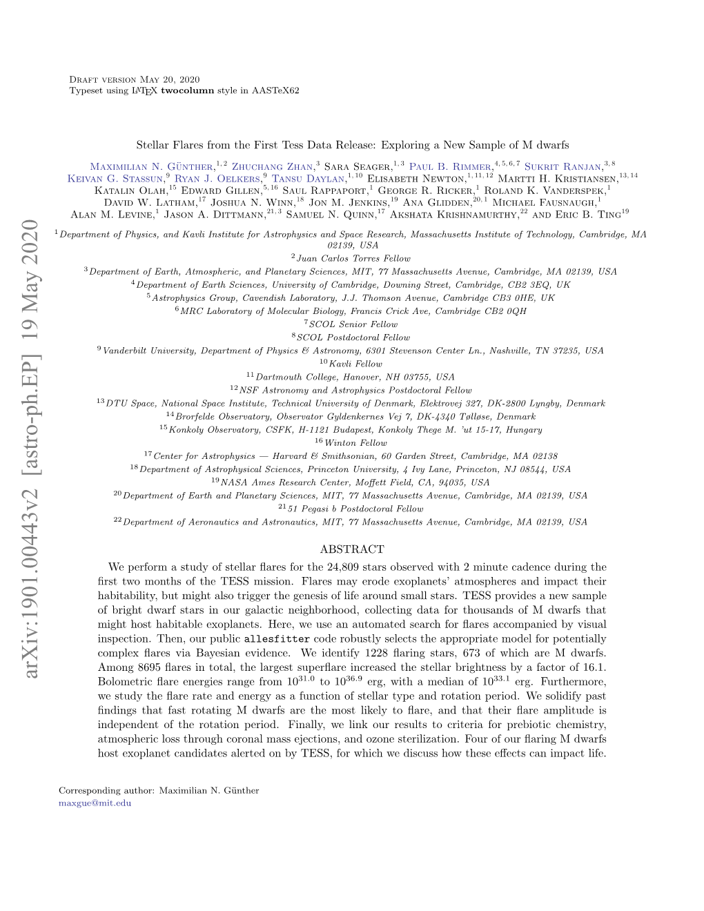 Arxiv:1901.00443V2 [Astro-Ph.EP] 19 May 2020 Bolometric ﬂare Energies Range from 1031.0 to 1036.9 Erg, with a Median of 1033.1 Erg