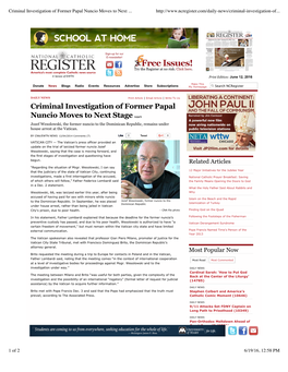 Criminal Investigation of Former Papal Nuncio Moves to Next