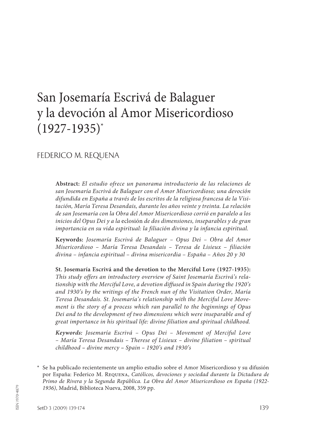 San Josemaría Escrivá De Balaguer Y La Devoción Al Amor Misericordioso (1927-1935)*