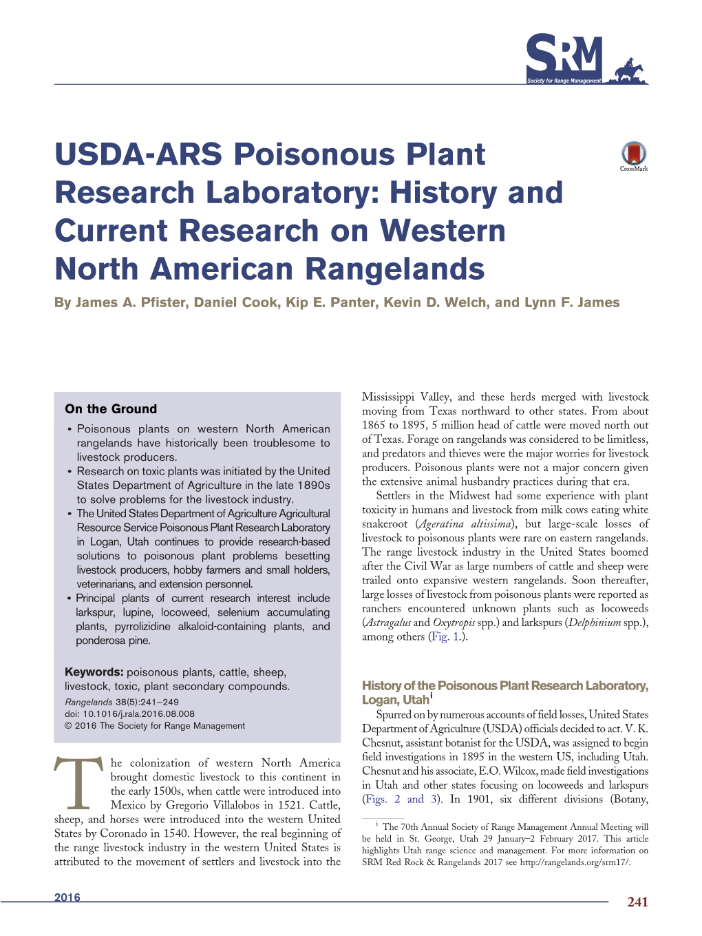 USDA-ARS Poisonous Plant Research Laboratory: History and Current Research on Western North American Rangelands by James A