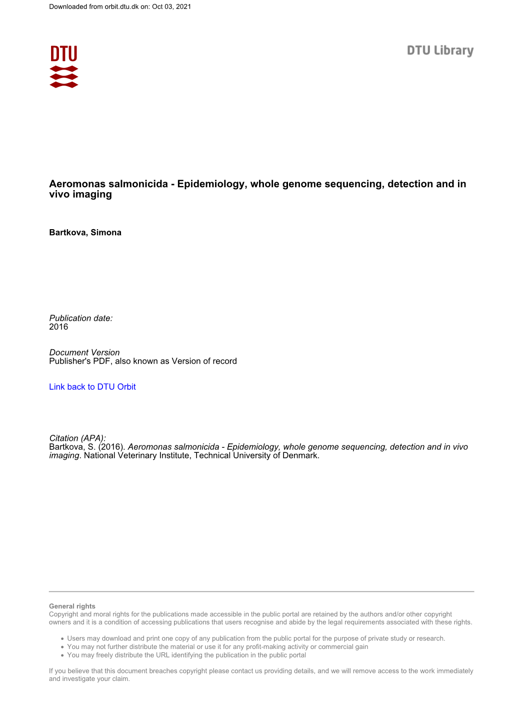 Aeromonas Salmonicida - Epidemiology, Whole Genome Sequencing, Detection and in Vivo Imaging