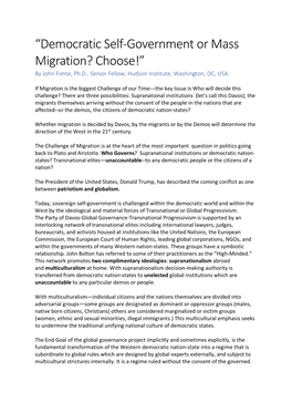 “Democratic Self-Government Or Mass Migration? Choose!” by John Fonte, Ph.D., Senior Fellow, Hudson Institute, Washington, DC, USA