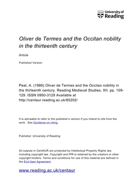 Oliver De Termes and the Occitan Nobility in the Thirteenth Century