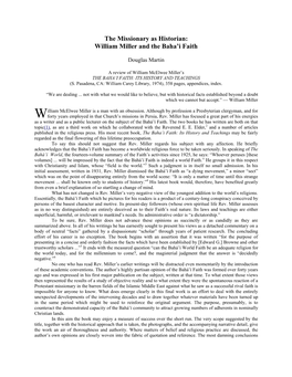 The Missionary As Historian: William Miller and the Baha’I Faith