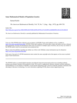 Some Mathematical Models of Population Genetics Samuel Karlin the American Mathematical Monthly, Vol. 79, No. 7