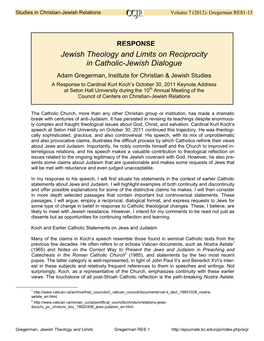 Jewish Theology and Limits on Reciprocity in Catholic-Jewish Dialogue