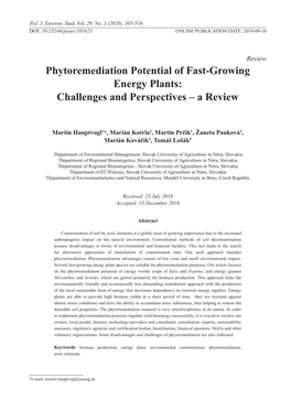Phytoremediation Potential of Fast-Growing Energy Plants: Challenges and Perspectives – a Review