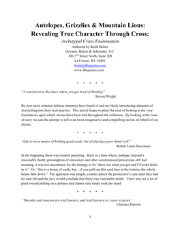 Revealing True Character Through Cross: Archetypal Cross Examination Authored by Keith Belzer Devanie, Belzer & Schroeder, S.C