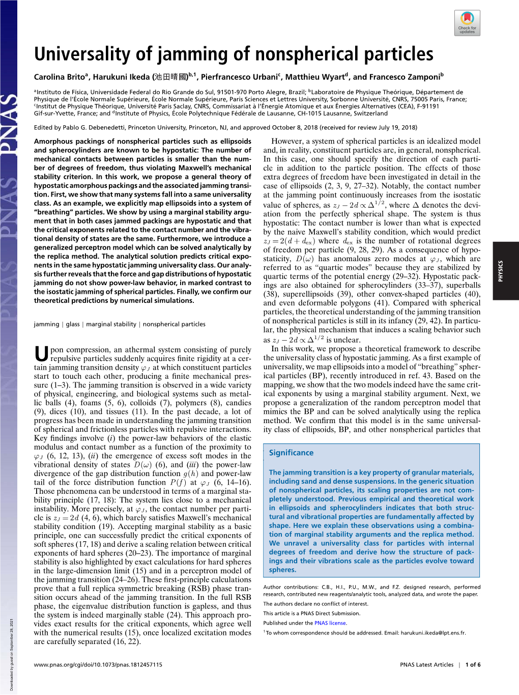 Universality of Jamming of Nonspherical Particles