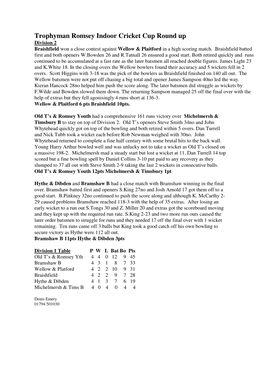 Trophyman Romsey Indoor Cricket Cup Round up Division 2 Braishfield Won a Close Contest Against Wellow & Plaitford in a High Scoring Match