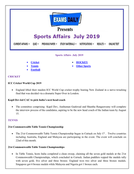 Sports Affairs July 2019 • Cricket • HOCKEY • Tennis