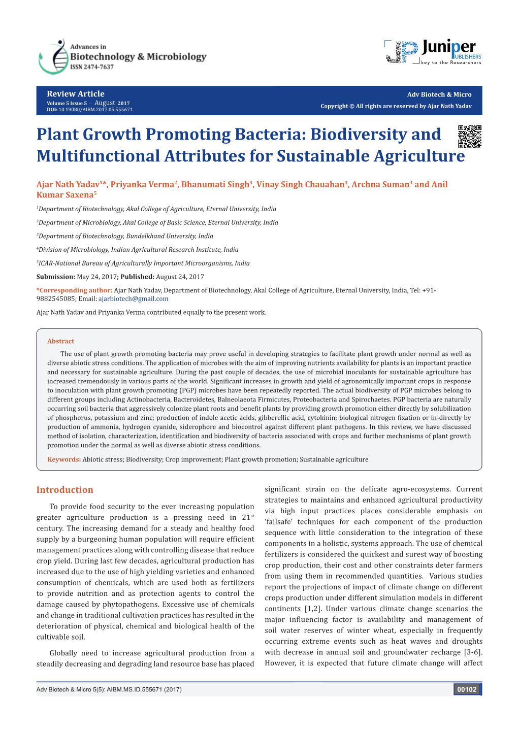 Plant Growth Promoting Bacteria: Biodiversity and Multifunctional Attributes for Sustainable Agriculture