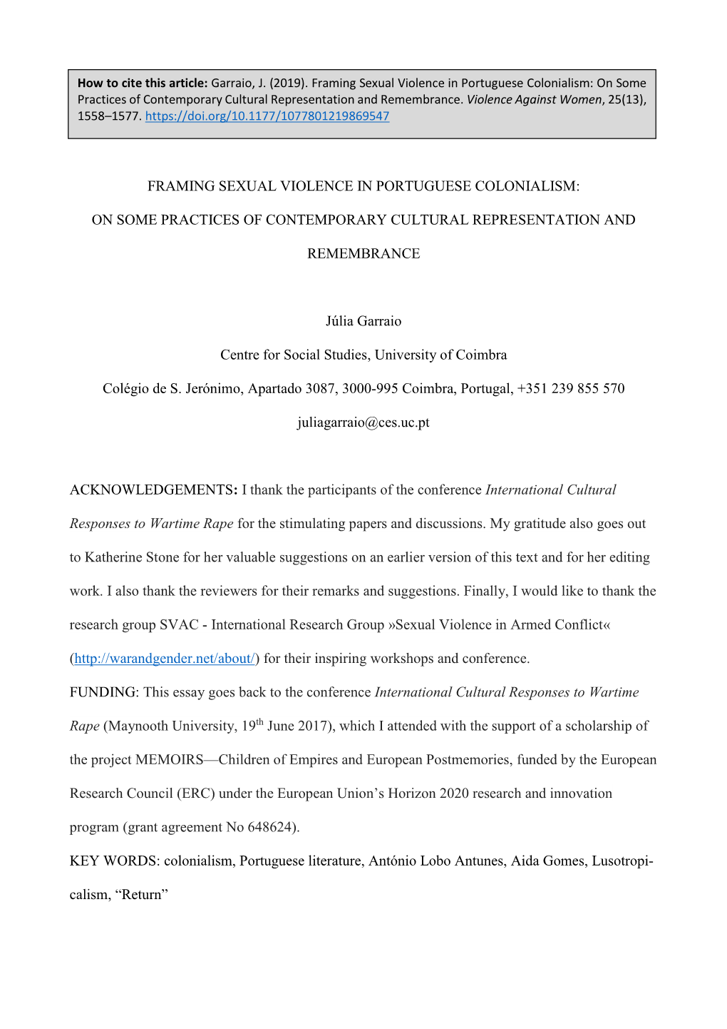 Framing Sexual Violence in Portuguese Colonialism: on Some Practices of Contemporary Cultural Representation and Remembrance