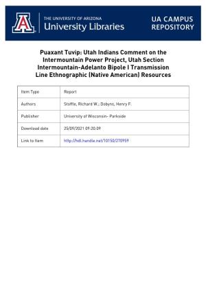 Utah Indians Comment on the Intermountain Power Project, Utah Section Intermountain-Adelanto Bipole I Transmission Line Ethnographic (Native American) Resources