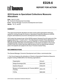 2018 Grants to Specialized Collections Museums Allocations