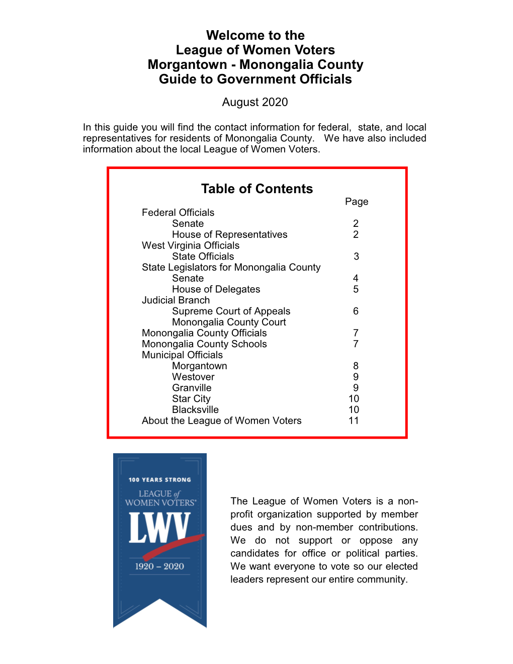 Welcome to the League of Women Voters Morgantown - Monongalia County Guide to Government Officials August 2020