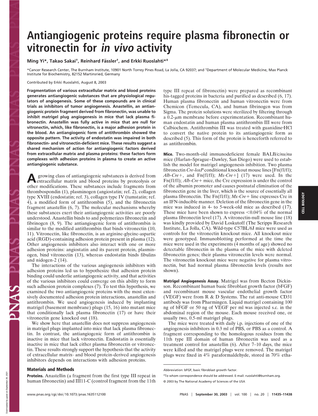 Antiangiogenic Proteins Require Plasma Fibronectin Or Vitronectin for in Vivo Activity