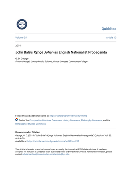 John Bale's &lt;I&gt;Kynge Johan&lt;/I&gt; As English Nationalist Propaganda