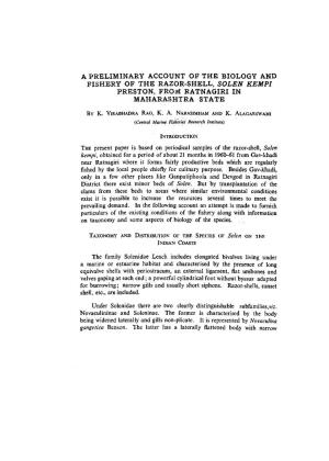 A Preliminary Account of the Biology and Fishery of the Razor-Shell, Solen Kempi Preston, from Ratnagiri in Maharashtra State