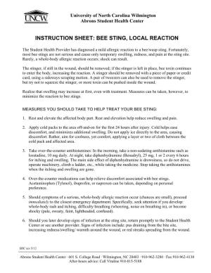 Instruction Sheet: Bee Sting, Local Reaction