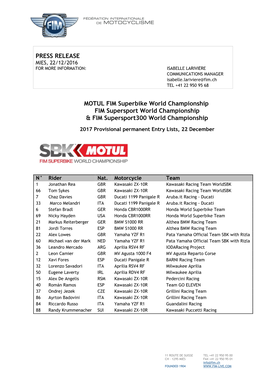 PRESS RELEASE MOTUL FIM Superbike World Championship FIM Supersport World Championship & FIM Supersport300 World Championshi
