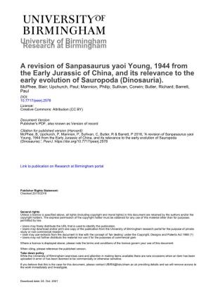 A Revision of Sanpasaurus Yaoi Young, 1944 from the Early Jurassic of China, and Its Relevance to the Early Evolution of Sauropoda (Dinosauria)