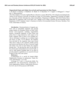 Magnetofossil Chains and Cellular Size on Earth and Expectations for Other Planets. A. M. Rymer1, D. Hurley1, C. Bradburne1, K. Mandt1, D