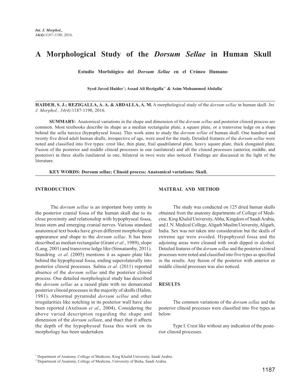 A Morphological Study of the Dorsum Sellae in Human Skull