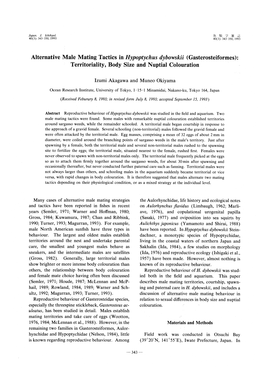 Alternative Male Mating Tactics in Hypoptychus Dybowskii (Gasterosteiformes): Territoriality, Body Size and Nuptial Colouration