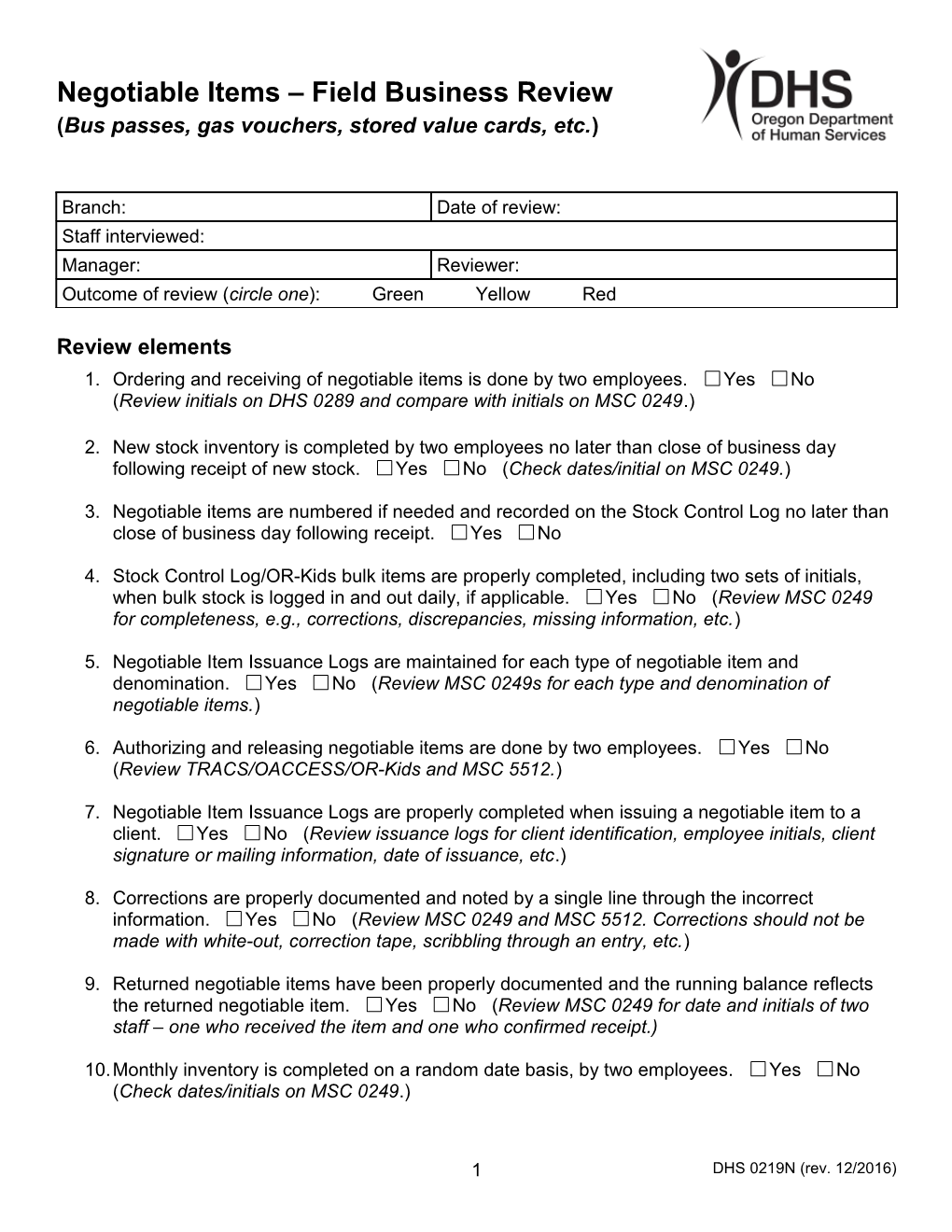 Negotiable Items Field Business Review