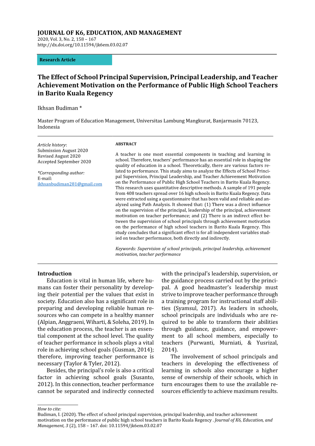 The Effect of School Principal Supervision, Principal Leadership, and Teacher Achievement Motivation on the Performance of Publi