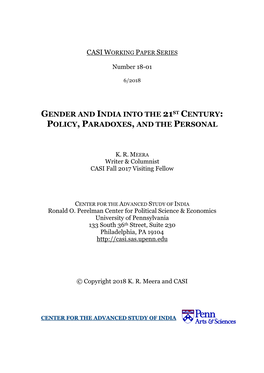 Gender and India Into the 21St Century: Policy, Paradoxes, and the Personal