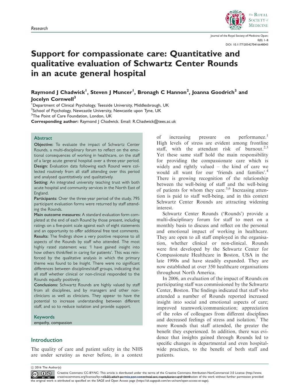 Support for Compassionate Care: Quantitative and Qualitative Evaluation of Schwartz Center Rounds in an Acute General Hospital