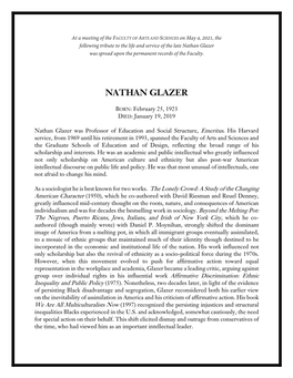 Nathan Glazer Was Spread Upon the Permanent Records of the Faculty