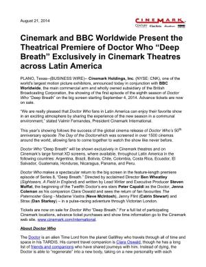 Cinemark and BBC Worldwide Present the Theatrical Premiere of Doctor Who “Deep Breath” Exclusively in Cinemark Theatres Across Latin America