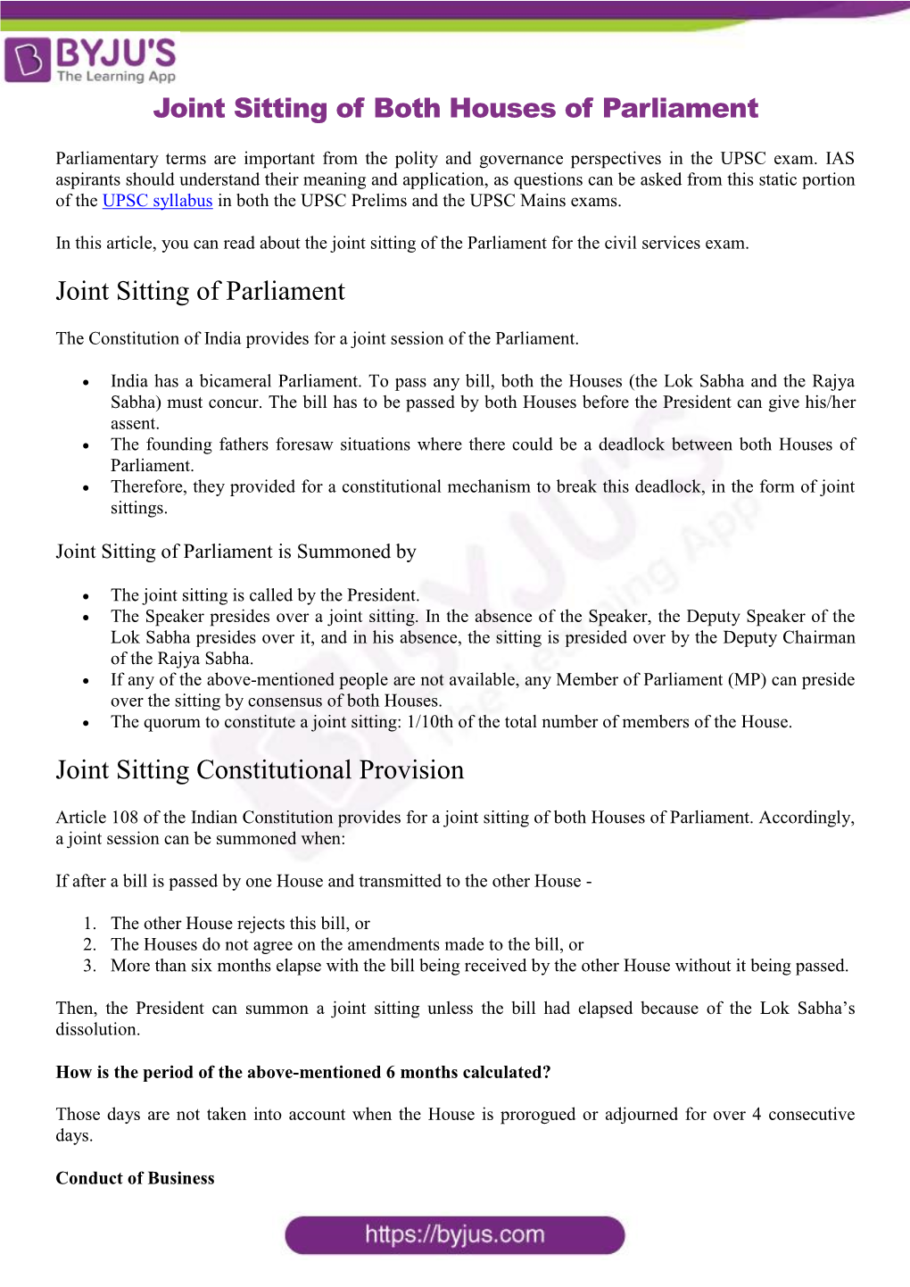 Joint Sitting of Both Houses of Parliament