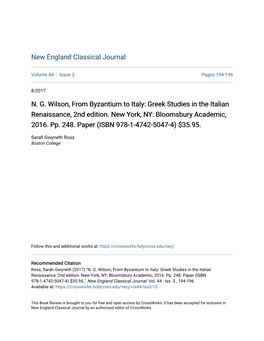 Greek Studies in the Italian Renaissance, 2Nd Edition. New York, NY: Bloomsbury Academic, 2016