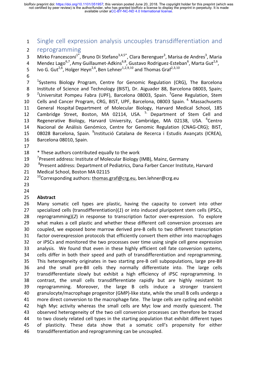 Single Cell Expression Analysis Uncouples Transdifferentiation And