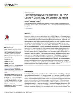 Taxonomic Resolutions Based on 18S Rrna Genes: a Case Study of Subclass Copepoda