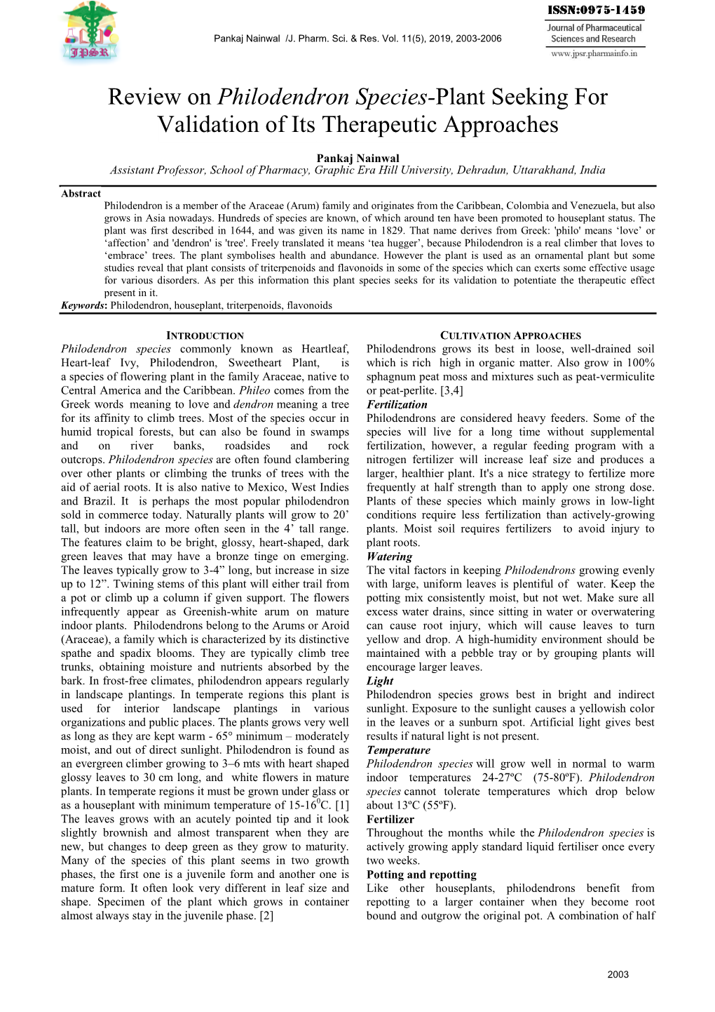 Review on Philodendron Species-Plant Seeking for Validation of Its Therapeutic Approaches