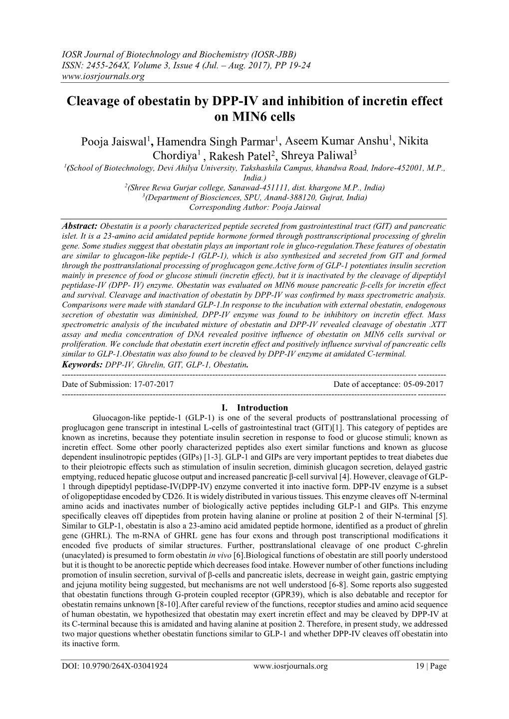 Cleavage of Obestatin by DPP-IV and Inhibition of Incretin Effect on MIN6 Cells