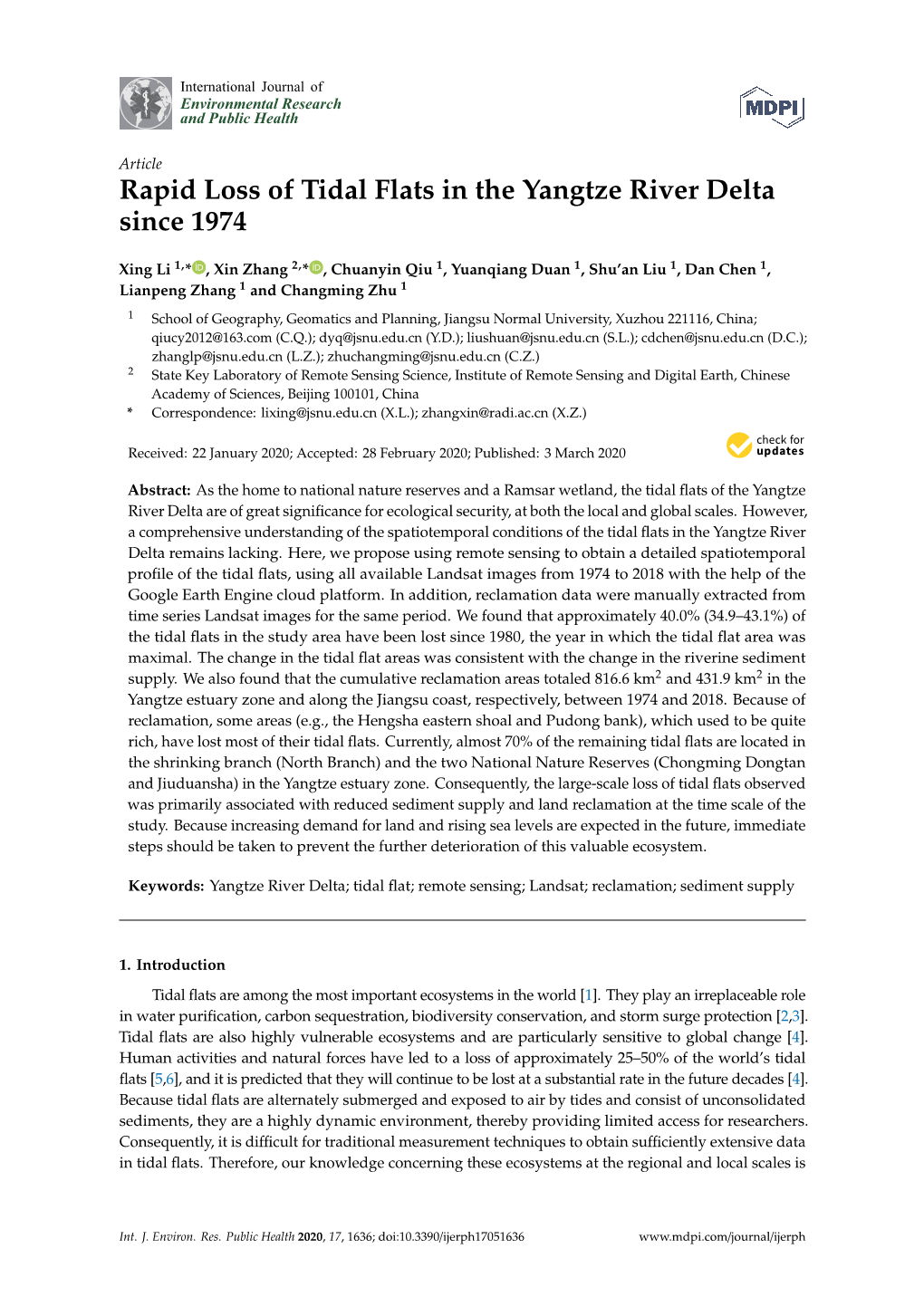 Rapid Loss of Tidal Flats in the Yangtze River Delta Since 1974