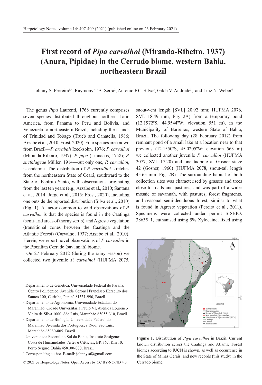 (Anura, Pipidae) in the Cerrado Biome, Western Bahia, Northeastern Brazil