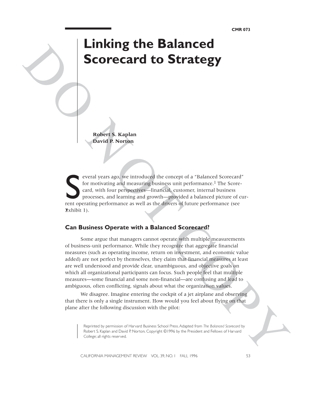 Linking the Balanced Scorecard to Strategy CMR 073 DOEXHIBIT NOT 1
