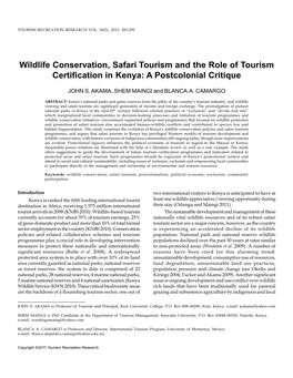 Wildlife Conservation, Safari Tourism and the Role of Tourism Certification in Kenya: a Postcolonial Critique