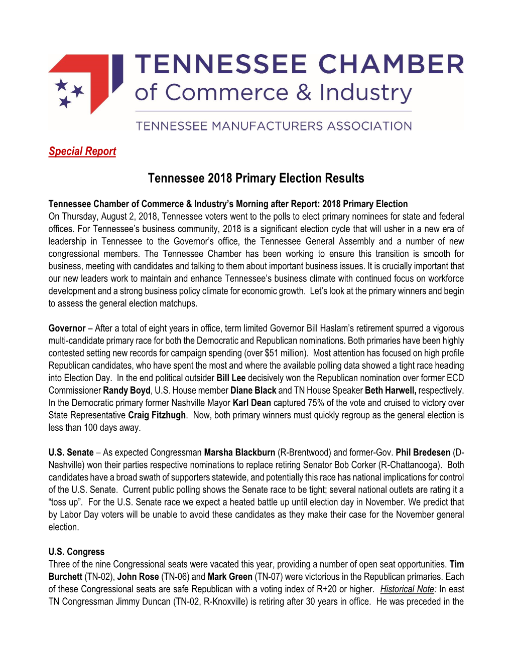 Tennessee 2018 Primary Election Results