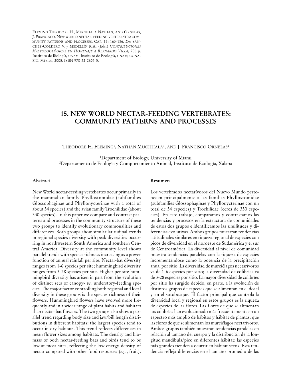 15. New World Nectar-Feeding Vertebrates: Community Patterns and Processes