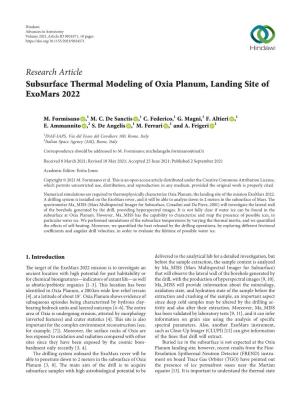 Research Article Subsurface Thermal Modeling of Oxia Planum, Landing Site of Exomars 2022